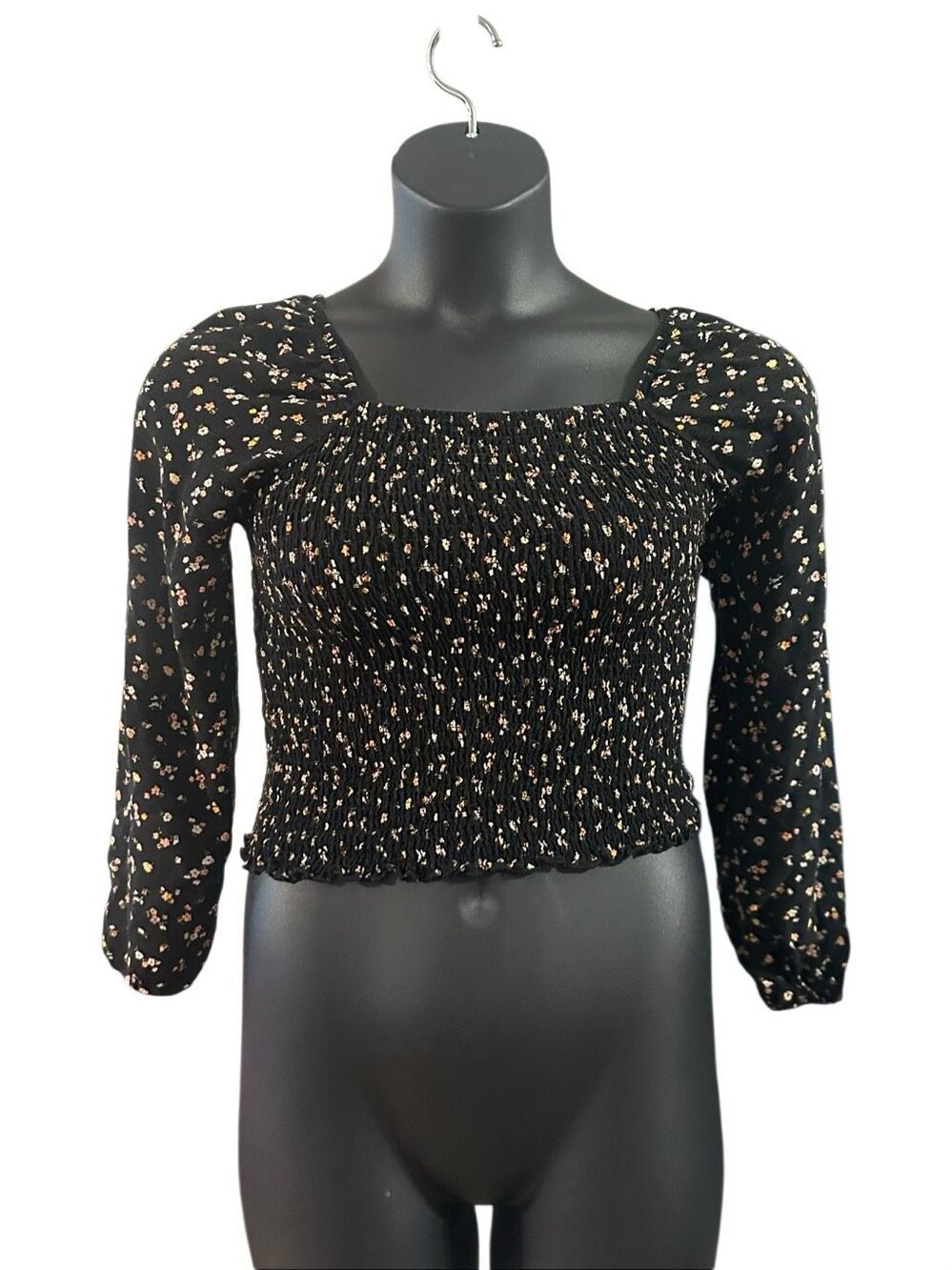 Art Class Girl's Black Floral Print Smocked Long Puff Sleeve Blouse Size Large